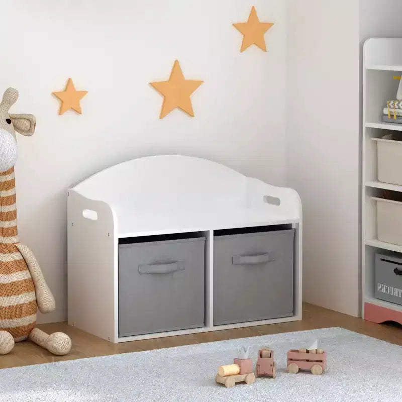 Panca/Baule portagiochi per bambini in legno con cassetti in tessuto pieghevoli, Mobile contenitore organizzatore di giocattoli, Bianco