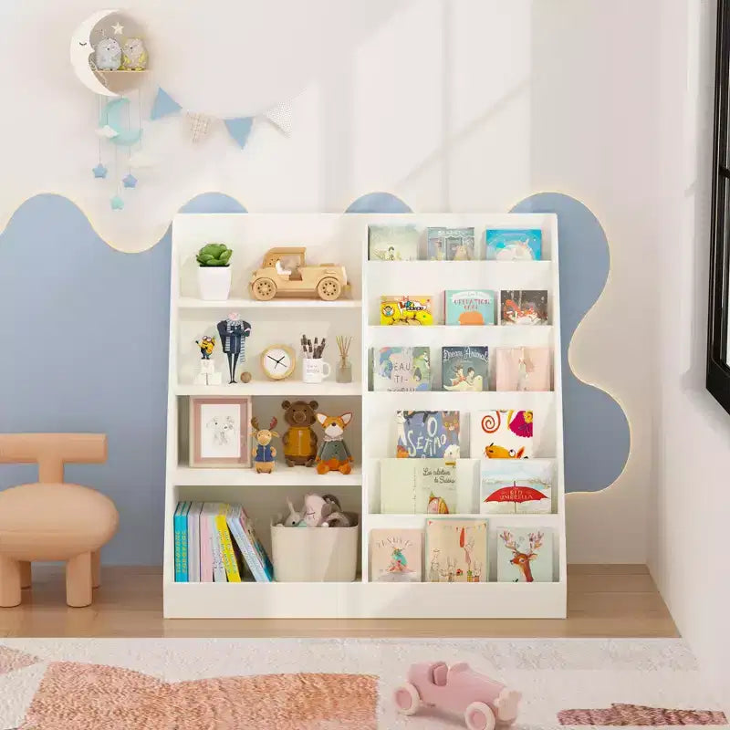 Libreria per bambini e organizer per giocattoli, scaffale multifunzionale in legno a 4 ripiani per bambini con espositore per libri per cameretta, sala giochi, asilo nido