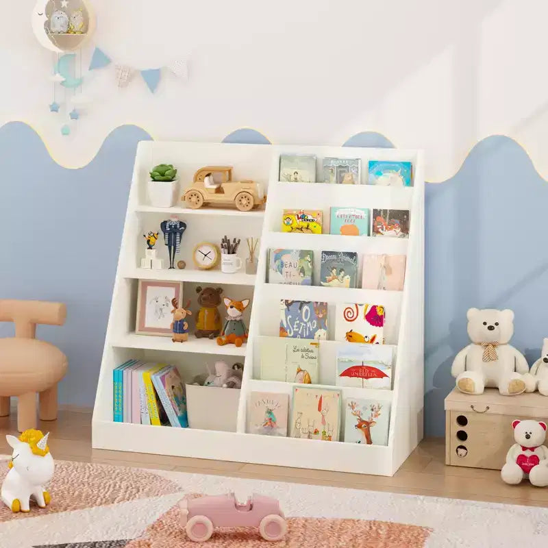 Libreria per bambini e organizer per giocattoli, scaffale multifunzionale in legno a 4 ripiani per bambini con espositore per libri per cameretta, sala giochi, asilo nido