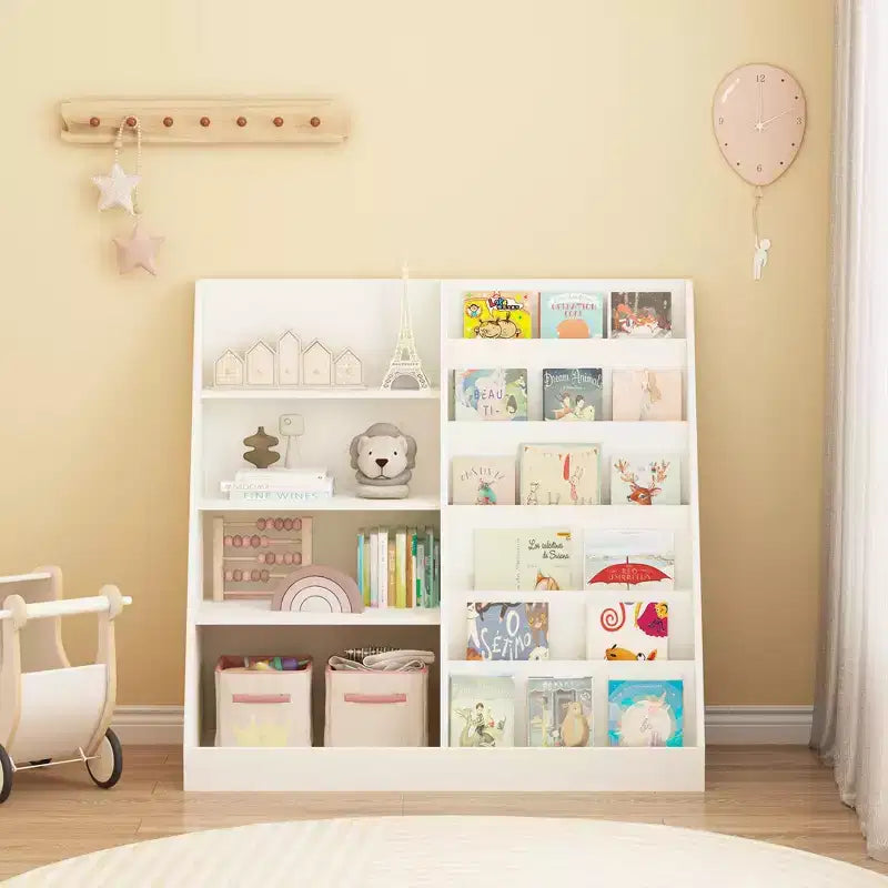 Libreria per bambini e organizer per giocattoli, scaffale multifunzionale in legno a 4 ripiani per bambini con espositore per libri per cameretta, sala giochi, asilo nido