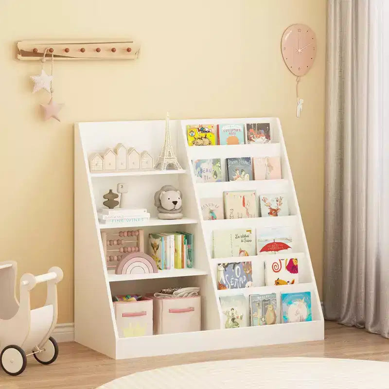 Libreria per bambini e organizer per giocattoli, scaffale multifunzionale in legno a 4 ripiani per bambini con espositore per libri per cameretta, sala giochi, asilo nido
