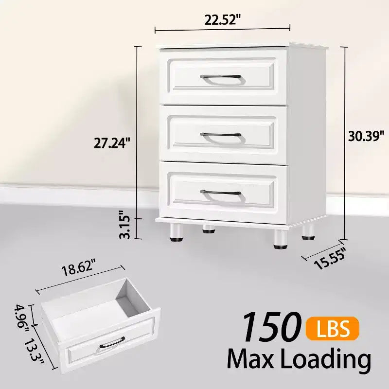 Comodino a 3 cassetti, Comodino Moderno Piccolo con Cassetti, Comodini in Legno per Armadio con Maniglie in Acciaio, Bianco