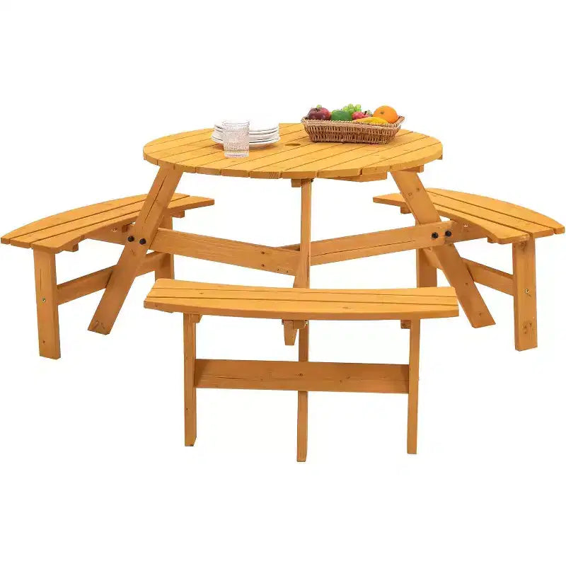 Round Wooden Picnic Table, 6 Person Outdoor Picnic Table with Benches, Umbrella Hole, 1720Lb Capacity, Outdoor