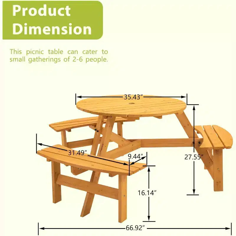 Tavolo da picnic rotondo in legno, tavolo da picnic per esterni per 6 persone con panche, foro per ombrellone, capacità 780 kg, per esterni