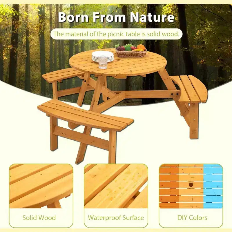 Tavolo da picnic rotondo in legno, tavolo da picnic per esterni per 6 persone con panche, foro per ombrellone, capacità 780 kg, per esterni