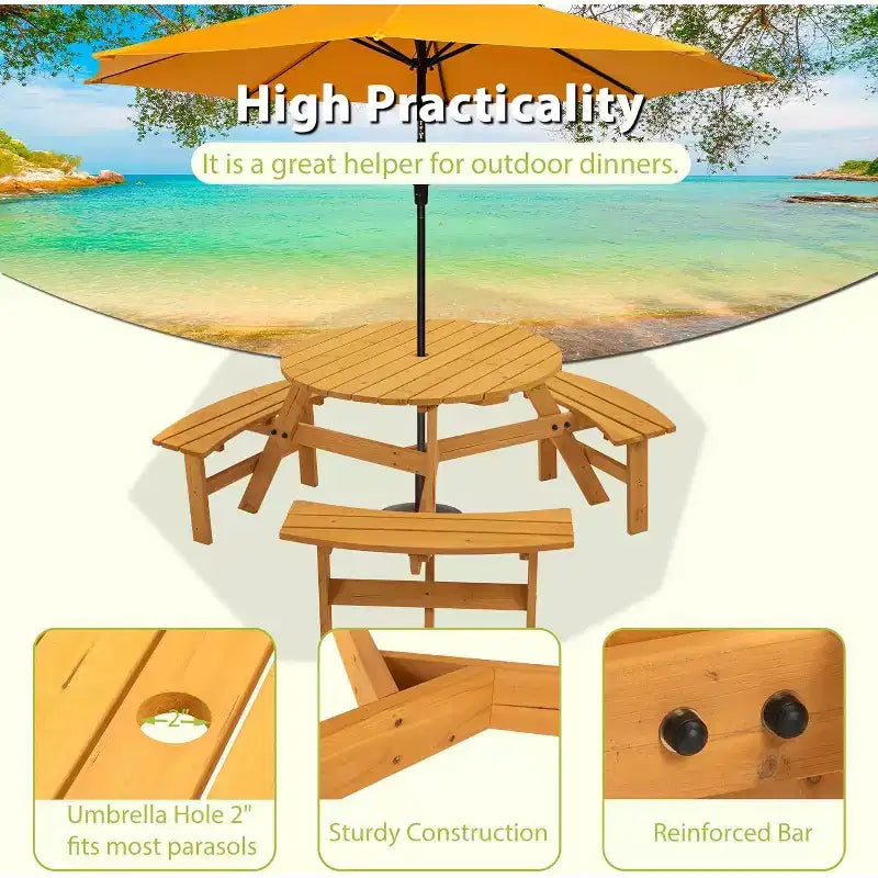 Tavolo da picnic rotondo in legno, tavolo da picnic per esterni per 6 persone con panche, foro per ombrellone, capacità 780 kg, per esterni