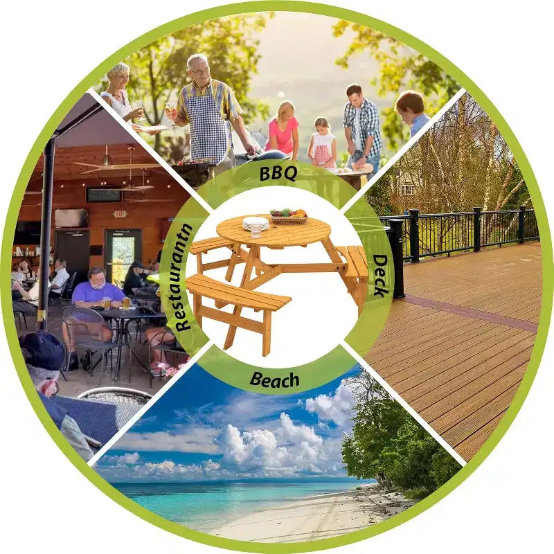 Tavolo da picnic rotondo in legno, tavolo da picnic per esterni per 6 persone con panche, foro per ombrellone, capacità 780 kg, per esterni