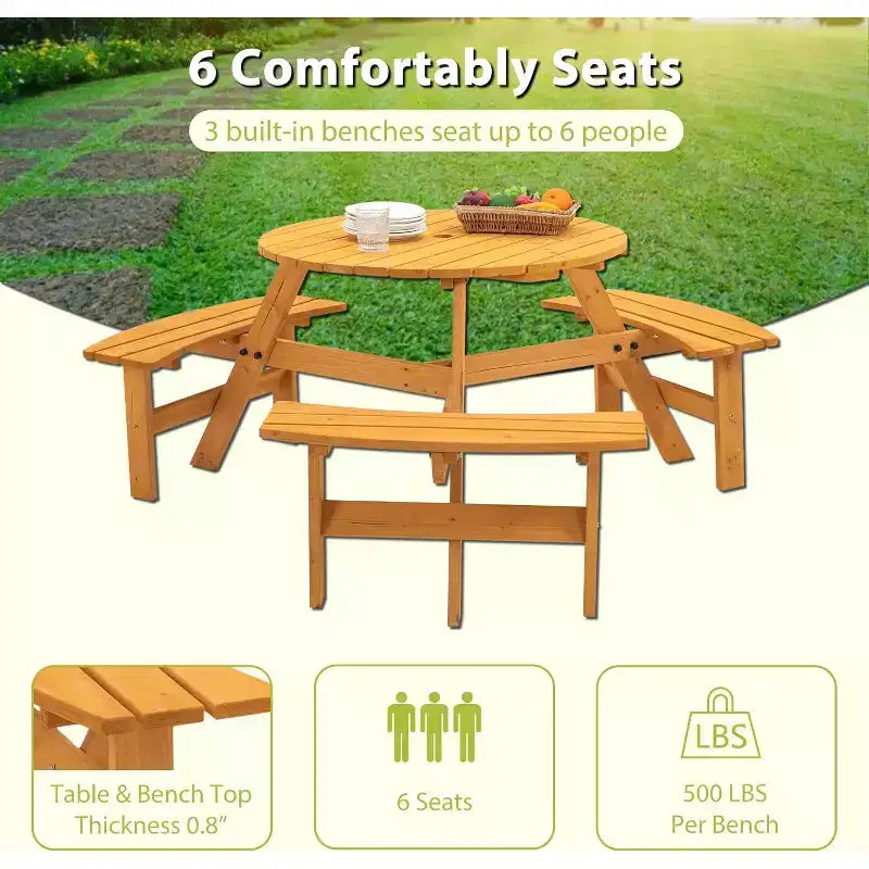 Tavolo da picnic rotondo in legno, tavolo da picnic per esterni per 6 persone con panche, foro per ombrellone, capacità 780 kg, per esterni