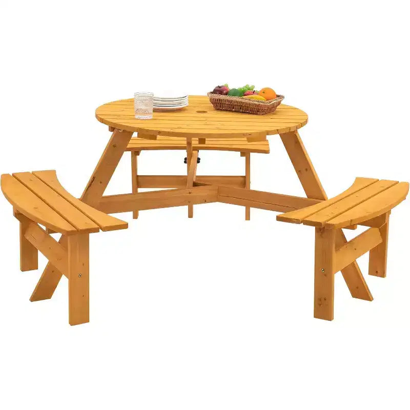 Tavolo da picnic rotondo in legno, tavolo da picnic per esterni per 6 persone con panche, foro per ombrellone, capacità 780 kg, per esterni