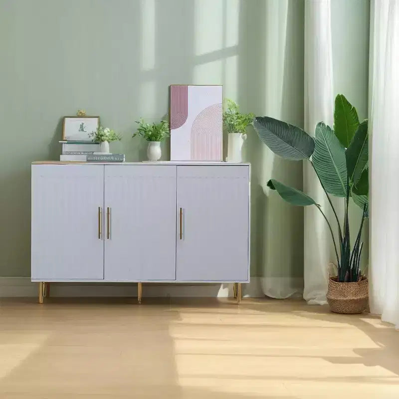 Mobile contenitore grande 140 cm, Credenza con 3 ante e maniglie dorate, Mobile buffet per cucina, sala da pranzo, soggiorno, Bianco