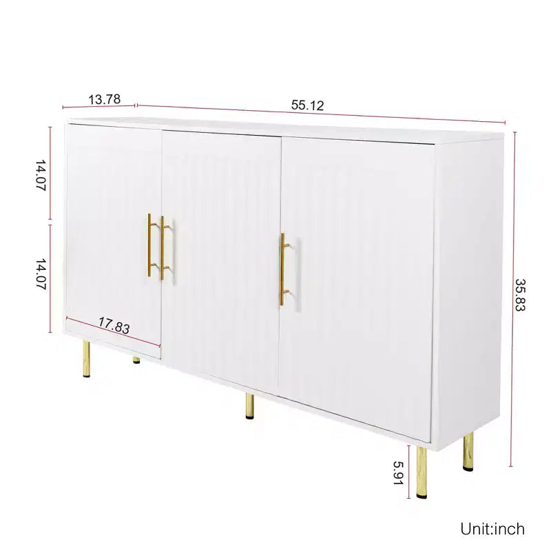 Mobile contenitore grande 140 cm, Credenza con 3 ante e maniglie dorate, Mobile buffet per cucina, sala da pranzo, soggiorno, Bianco