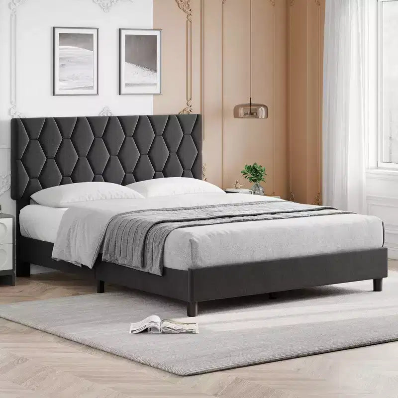 Full Size Bed Frame , Upholstered Platform Bed with Headboard and Soft Fabric, Mattress Foundation,No Box Spring Needed,Easy Assembly