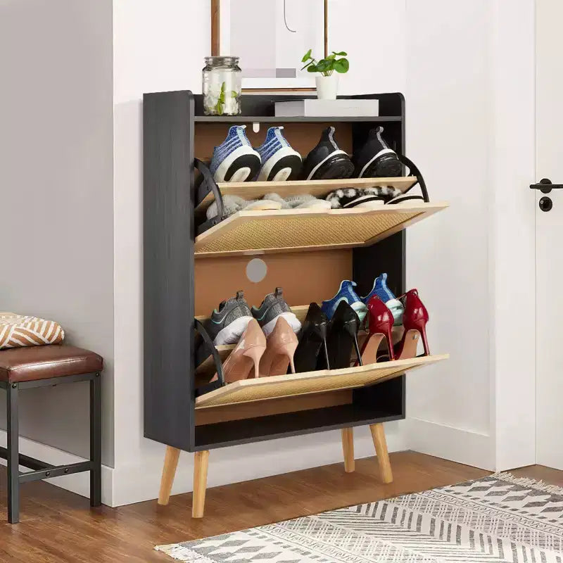 Natural Rattan Shoe Cabinet with 2 Drawers Narrow 9.25-Inch Depth Entryway