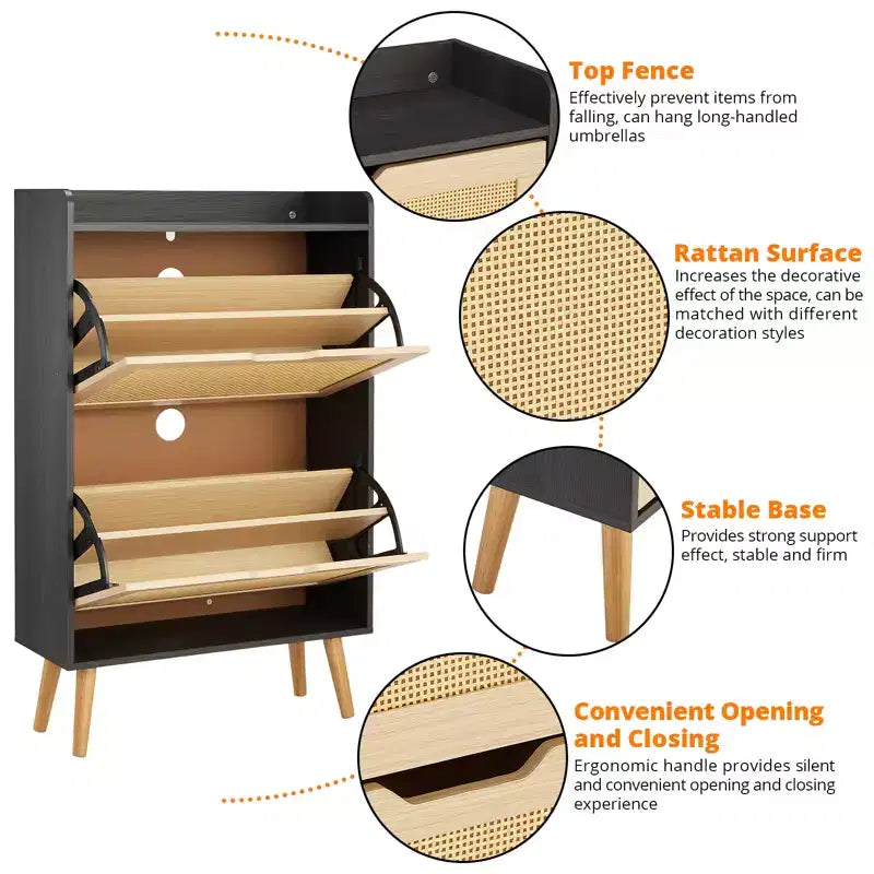 Scarpiera sottile in rattan naturale con 2 cassetti, profondità 23,5 cm, per ingresso