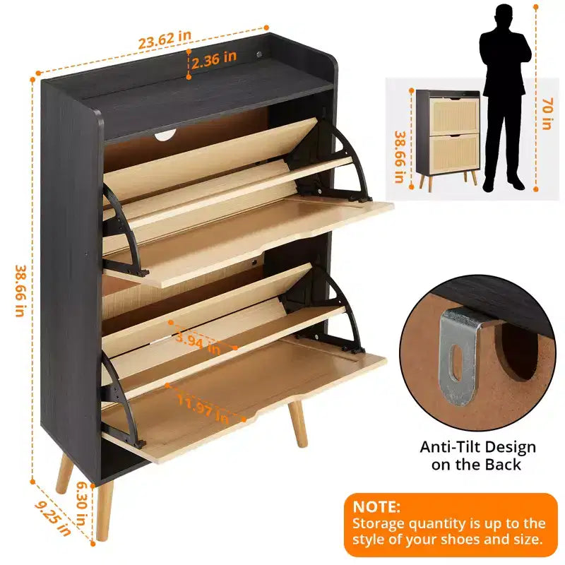 Scarpiera sottile in rattan naturale con 2 cassetti, profondità 23,5 cm, per ingresso