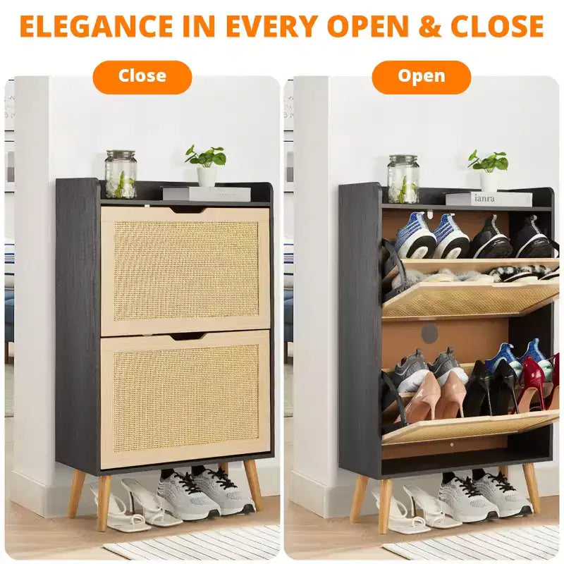 Scarpiera sottile in rattan naturale con 2 cassetti, profondità 23,5 cm, per ingresso