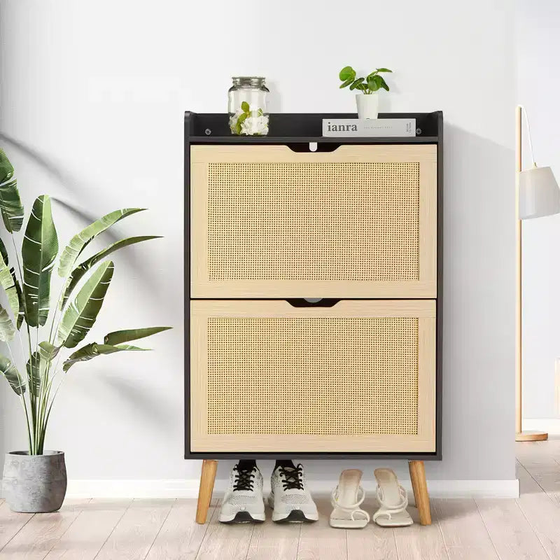 Scarpiera sottile in rattan naturale con 2 cassetti, profondità 23,5 cm, per ingresso