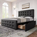Bed Frame, Queen Size Faux Leather Upholstered Platform Bed with 4 Storage Drawers & Headboard - Button Tufted, No Box Spring Needed Black