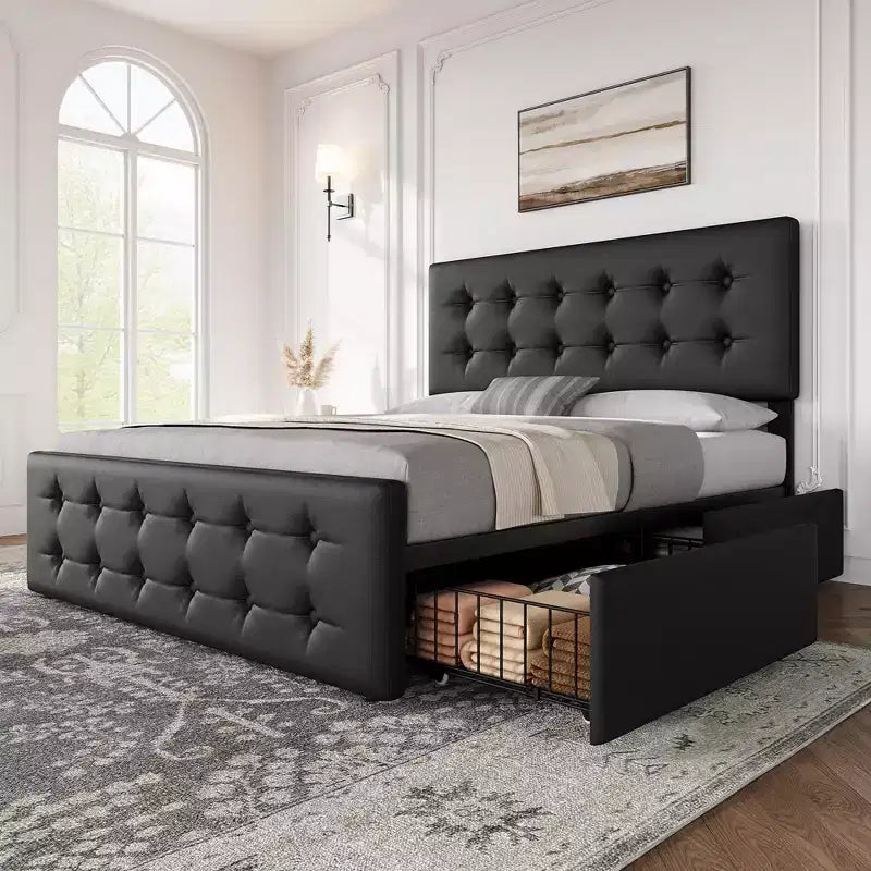 Bed Frame, Queen Size Faux Leather Upholstered Platform Bed with 4 Storage Drawers & Headboard - Button Tufted, No Box Spring Needed Black