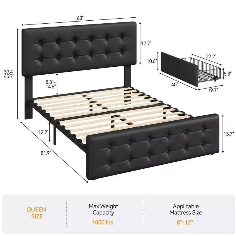 Giroletto, letto a piattaforma imbottito in ecopelle con 4 cassetti e testiera, formato Queen Size - con bottoni trapuntati, non necessita di rete a molle, colore nero