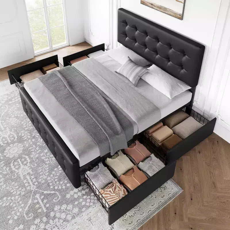 Giroletto, letto a piattaforma imbottito in ecopelle con 4 cassetti e testiera, formato Queen Size - con bottoni trapuntati, non necessita di rete a molle, colore nero