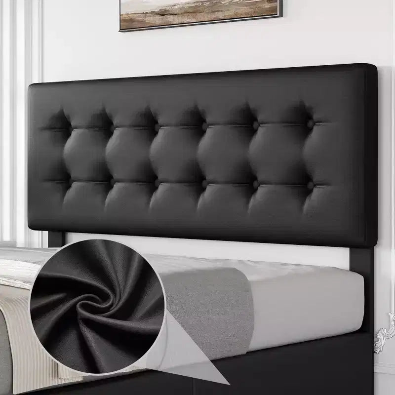 Giroletto, letto a piattaforma imbottito in ecopelle con 4 cassetti e testiera, formato Queen Size - con bottoni trapuntati, non necessita di rete a molle, colore nero