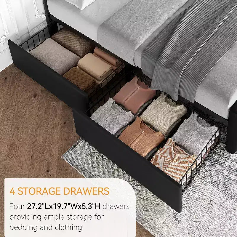 Giroletto, letto a piattaforma imbottito in ecopelle con 4 cassetti e testiera, formato Queen Size - con bottoni trapuntati, non necessita di rete a molle, colore nero