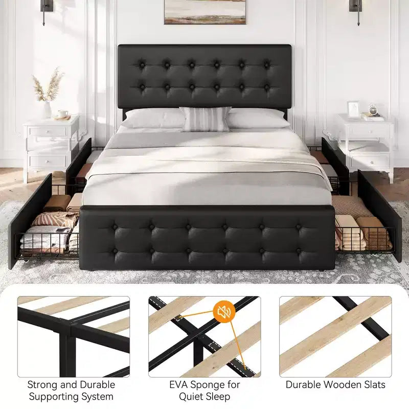 Giroletto, letto a piattaforma imbottito in ecopelle con 4 cassetti e testiera, formato Queen Size - con bottoni trapuntati, non necessita di rete a molle, colore nero