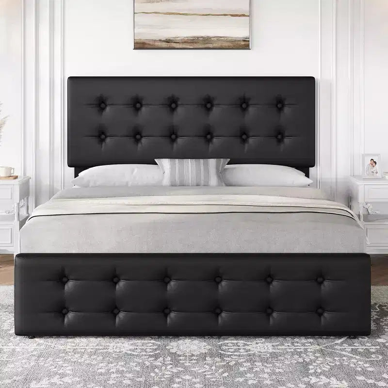 Giroletto, letto a piattaforma imbottito in ecopelle con 4 cassetti e testiera, formato Queen Size - con bottoni trapuntati, non necessita di rete a molle, colore nero