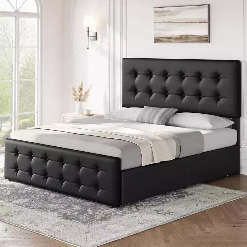 Giroletto, letto a piattaforma imbottito in ecopelle con 4 cassetti e testiera, formato Queen Size - con bottoni trapuntati, non necessita di rete a molle, colore nero