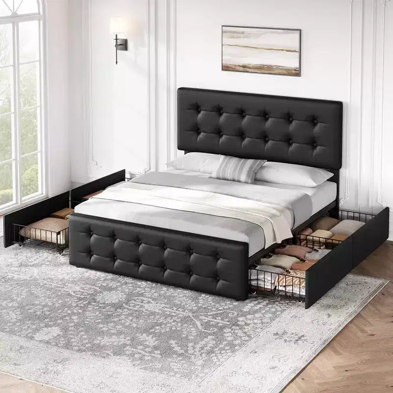 Giroletto, letto a piattaforma imbottito in ecopelle con 4 cassetti e testiera, formato Queen Size - con bottoni trapuntati, non necessita di rete a molle, colore nero