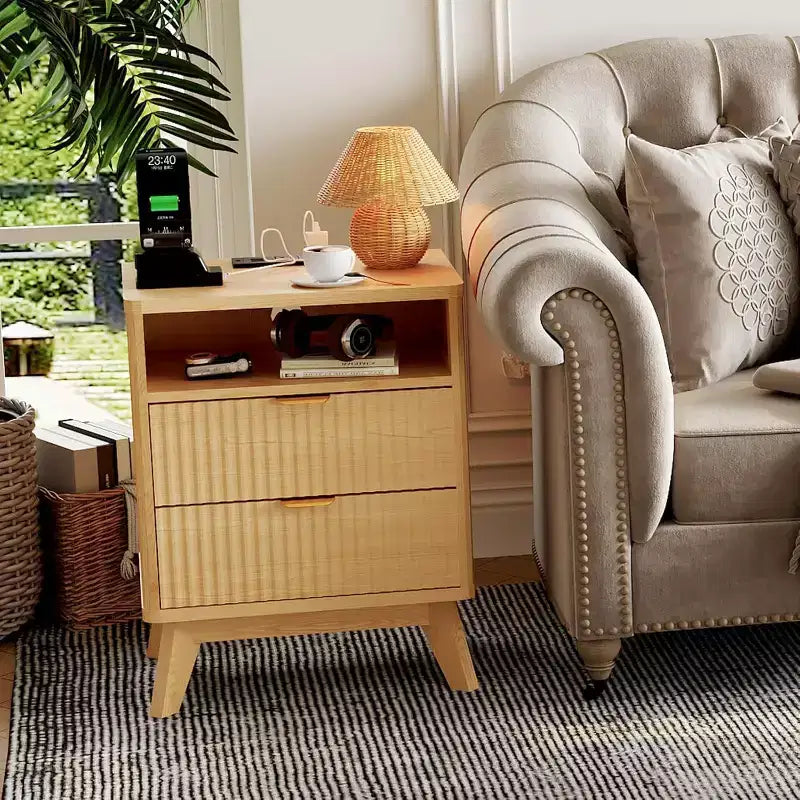 Comodino moderno con stazione di ricarica USB, Comodino in legno scanalato con 2 cassetti e ripiano per camera da letto e soggiorno