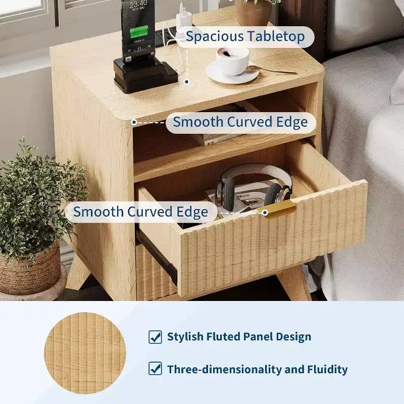 Comodino moderno con stazione di ricarica USB, Comodino in legno scanalato con 2 cassetti e ripiano per camera da letto e soggiorno