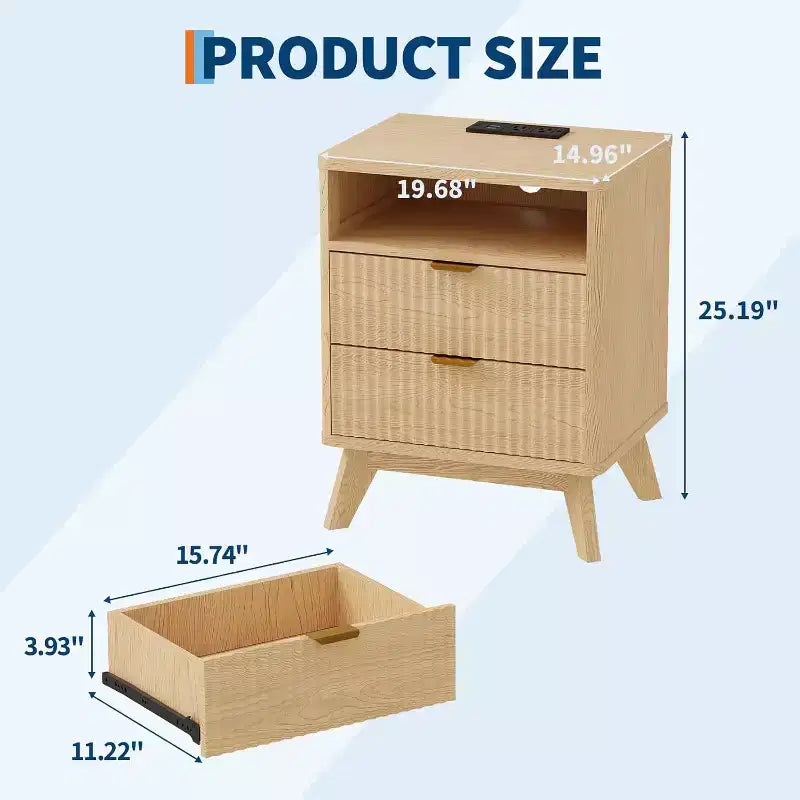 Comodino moderno con stazione di ricarica USB, Comodino in legno scanalato con 2 cassetti e ripiano per camera da letto e soggiorno