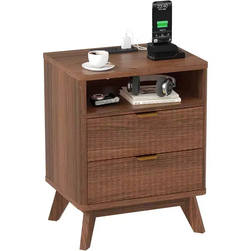 Comodino moderno con stazione di ricarica USB, Comodino in legno scanalato con 2 cassetti e ripiano per camera da letto e soggiorno