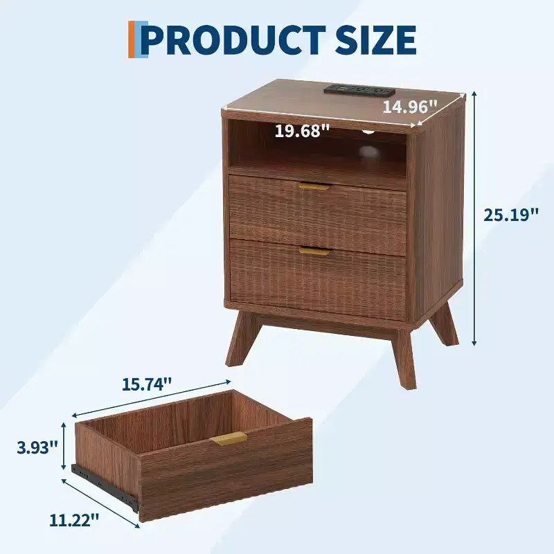 Comodino moderno con stazione di ricarica USB, Comodino in legno scanalato con 2 cassetti e ripiano per camera da letto e soggiorno