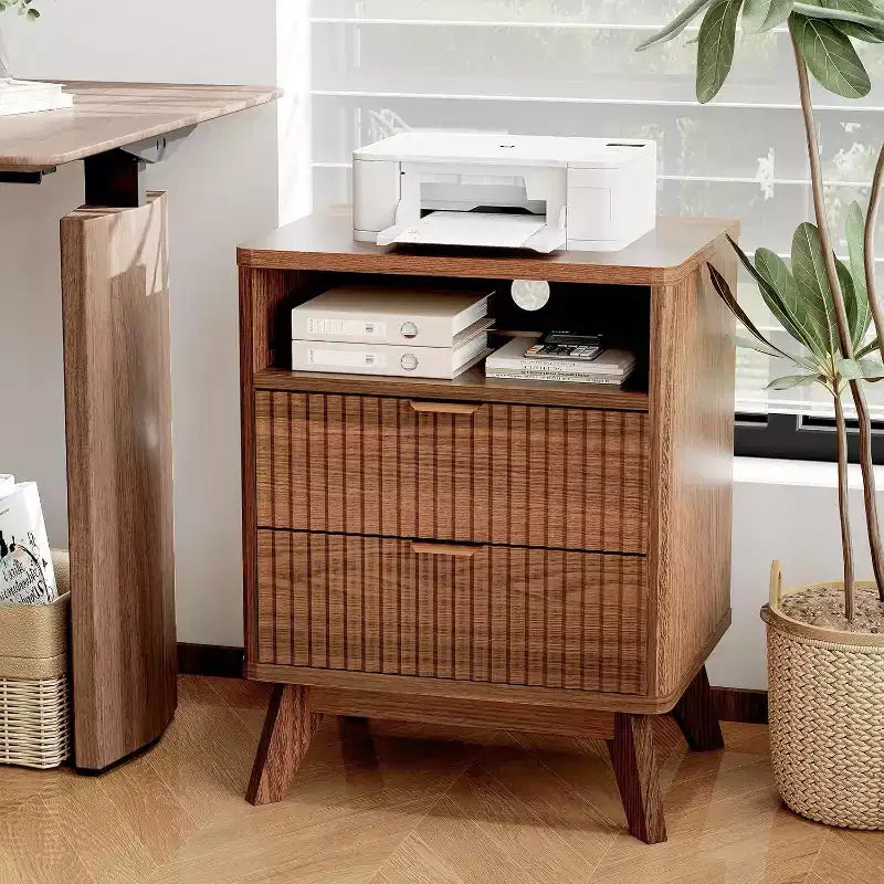 COZONY 1/2PCS Modern Nightstand with USB Charging Station, Fluted Wood Bedside Table with 2 Drawers & Shelf for Bedroom Living Room
