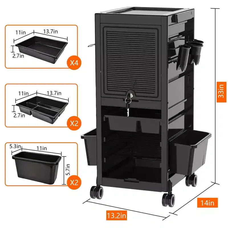 Carrello di Stoccaggio Multifunzione con Rotelle, 6 Vaschette, 3 Scomparti, Cassetti Bloccabili con Chiavi, per Strumenti di Bellezza e Parrucchiere, Capacità Migliorata