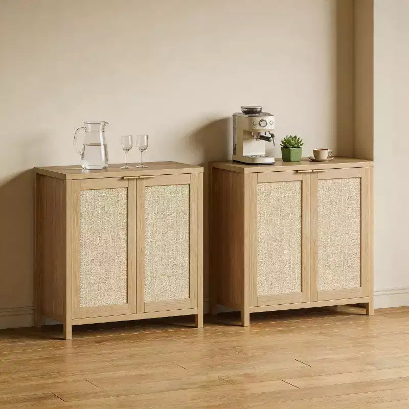 CuisinSmart 2PCS Kitchen Storage Cabinet, Rattan Sideboard Buffet Cabinet Farmhouse Cupboard Console Table Buffet Cabinets with Adjustable Shelf, Oak