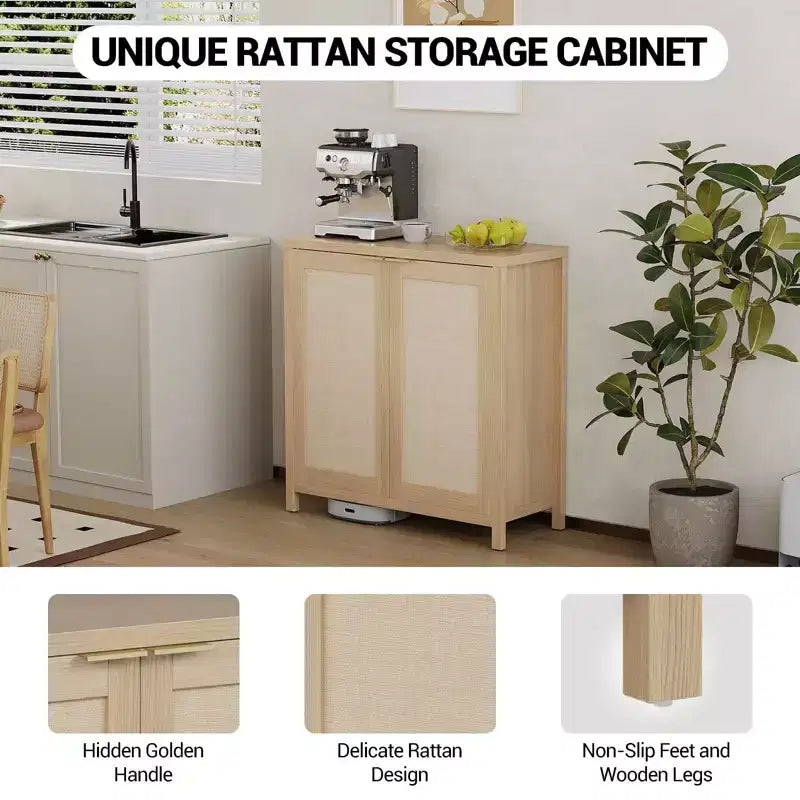 Mobiletto da cucina, credenza in rattan, credenza da fattoria, mobiletto console con ripiano regolabile, rovere