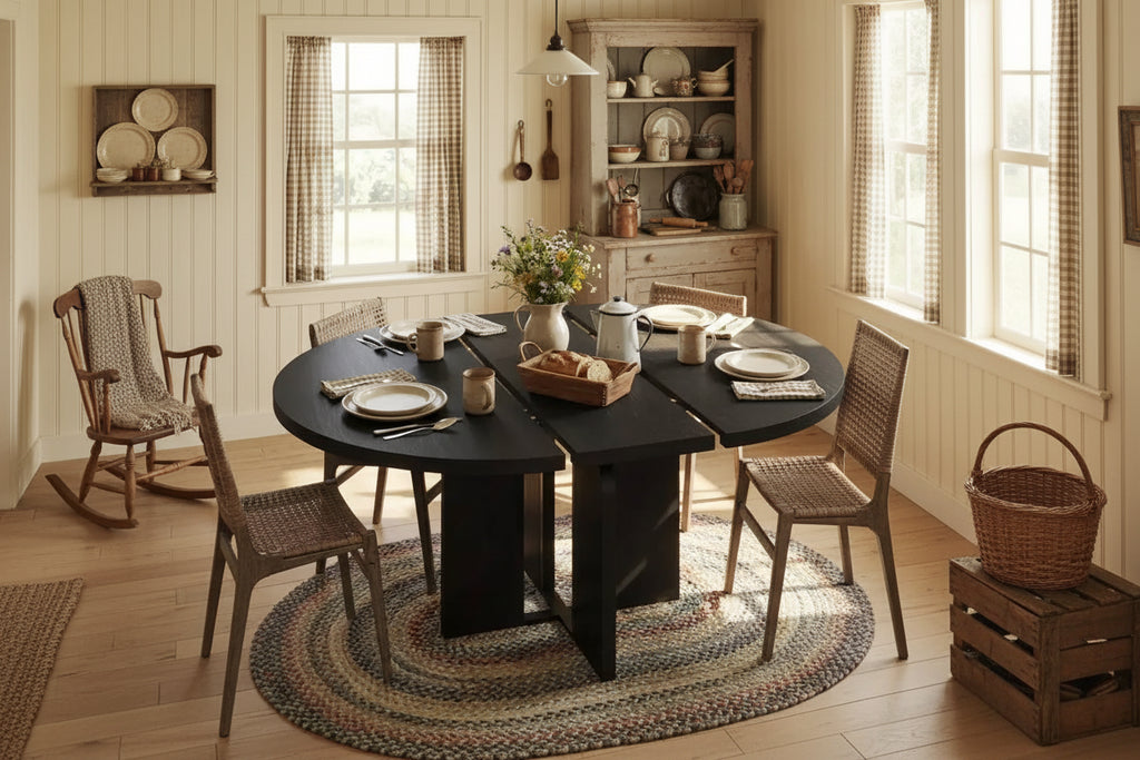 47-63 Extendable Round Dining Room Table for 4-8, Farmhouse Wooden Kitchen Table w/ Wider Leg, Metal Support, Oval Circle, for Dinner, Kitchen