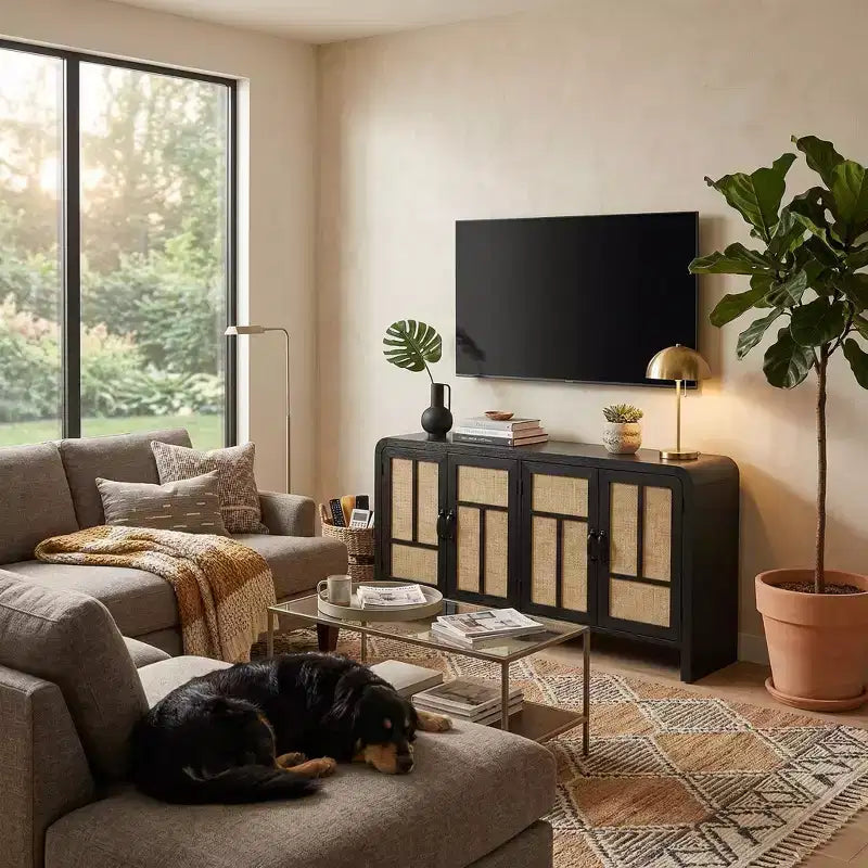 Credenza a Buffet con Ante in Rattan, Mobile Contenitore Grande con Ripiani per Sala da Pranzo, Soggiorno, Ingresso