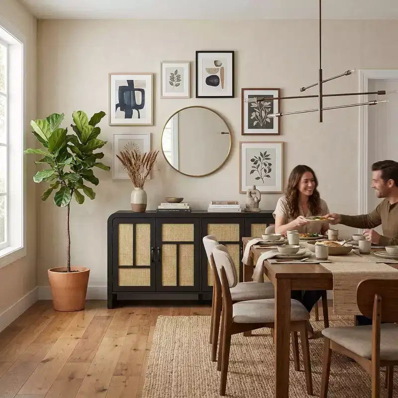 Credenza a Buffet con Ante in Rattan, Mobile Contenitore Grande con Ripiani per Sala da Pranzo, Soggiorno, Ingresso