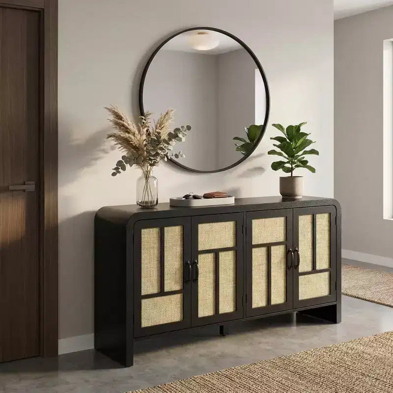Credenza a Buffet con Ante in Rattan, Mobile Contenitore Grande con Ripiani per Sala da Pranzo, Soggiorno, Ingresso