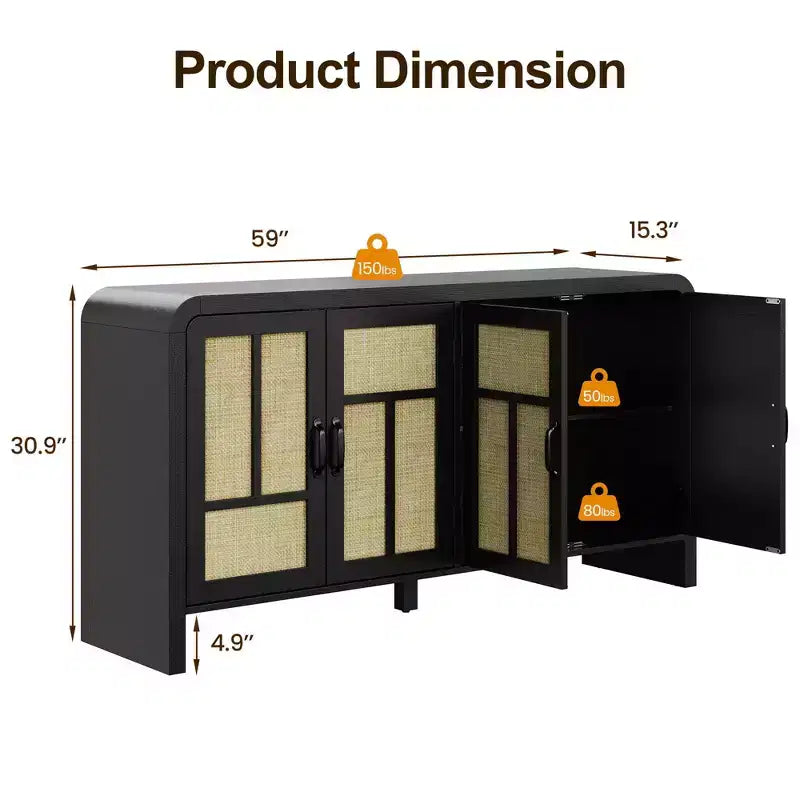 Credenza a Buffet con Ante in Rattan, Mobile Contenitore Grande con Ripiani per Sala da Pranzo, Soggiorno, Ingresso