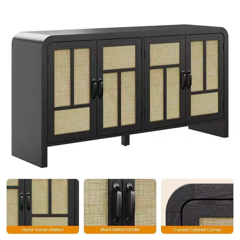 Credenza a Buffet con Ante in Rattan, Mobile Contenitore Grande con Ripiani per Sala da Pranzo, Soggiorno, Ingresso