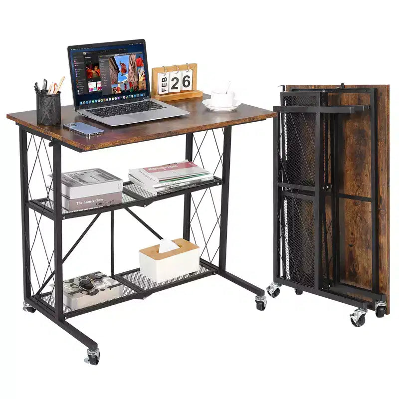No-Assembly 3-Tier Collapsible Computer Desk with Wheels, Freestanding Metal Wire Shelf - Multipurpose Table for Study, Kitchen, Living Room, Balcony