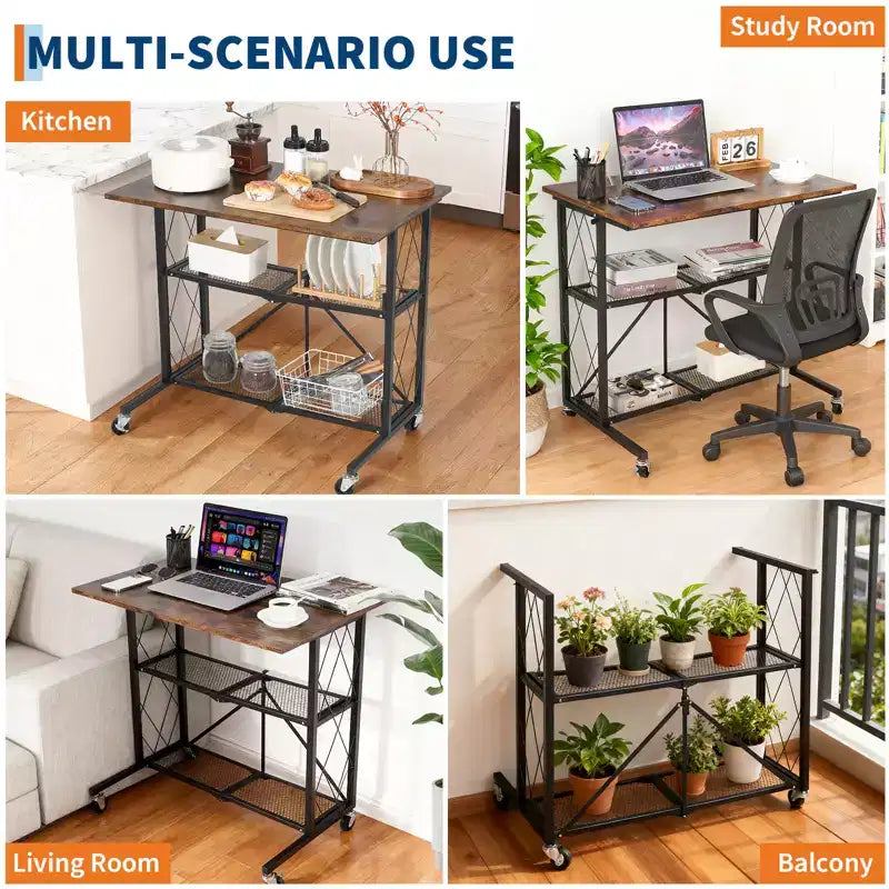 Scrivania per Computer Pieghevole a 3 Livelli senza Montaggio con Ruote, Scaffale in Metallo Indipendente - Tavolo Multiuso per Studio, Cucina, Soggiorno, Balcone