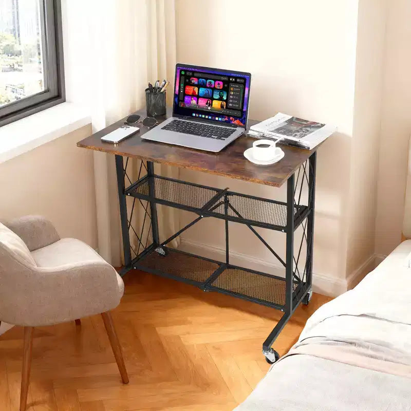 Scrivania per Computer Pieghevole a 3 Livelli senza Montaggio con Ruote, Scaffale in Metallo Indipendente - Tavolo Multiuso per Studio, Cucina, Soggiorno, Balcone