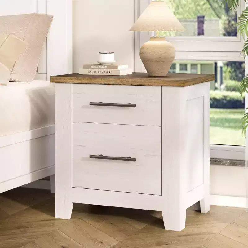 Space-Saving 2-Drawer Farmhouse Nightstand, Distressed White Bedside Table w/ Brown Top, Rustic Wood End Table for Bedroom & Living Room Sofa